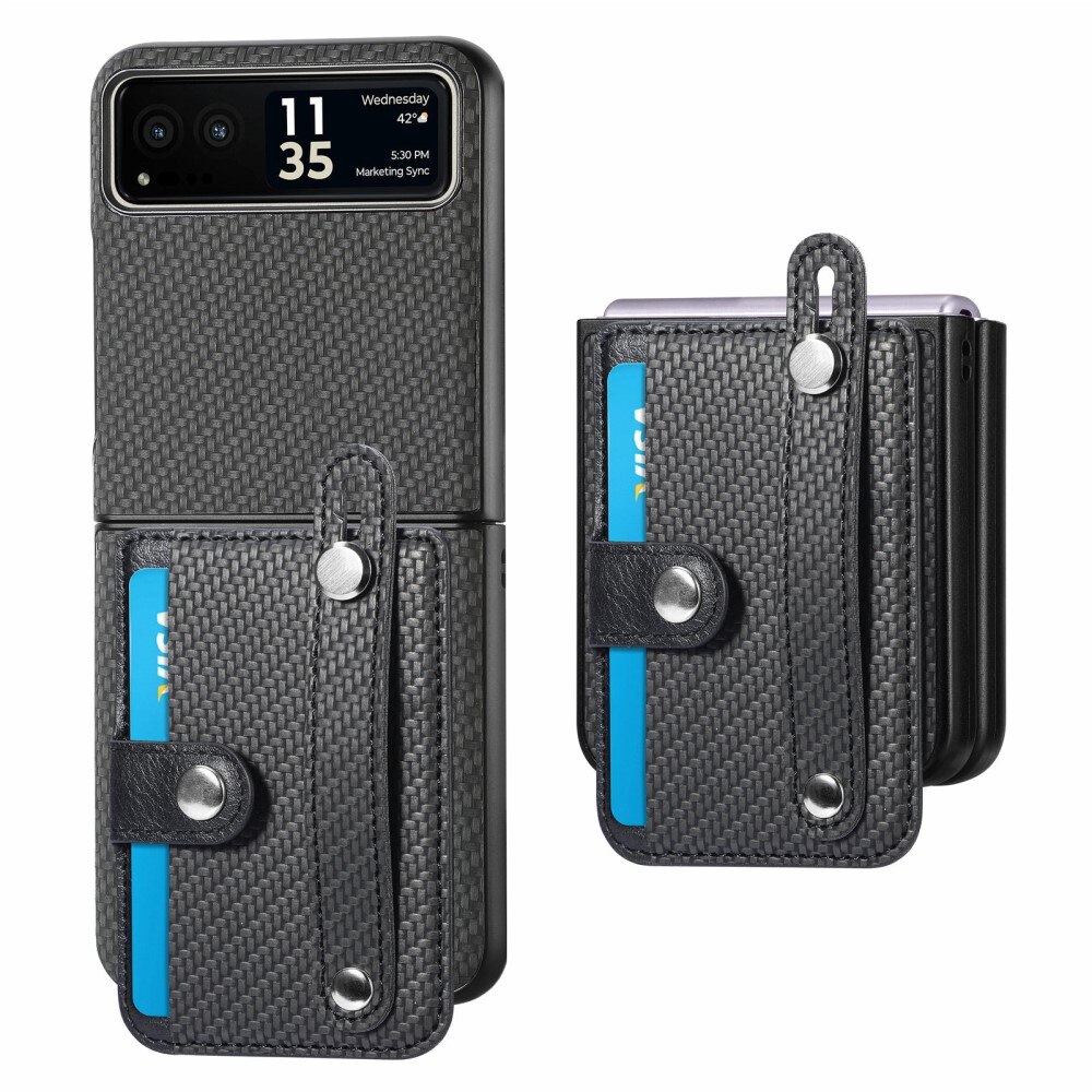 Funda de cuero con ranuras para tarjetas y Finger Strap Motorola Razr 40 negro