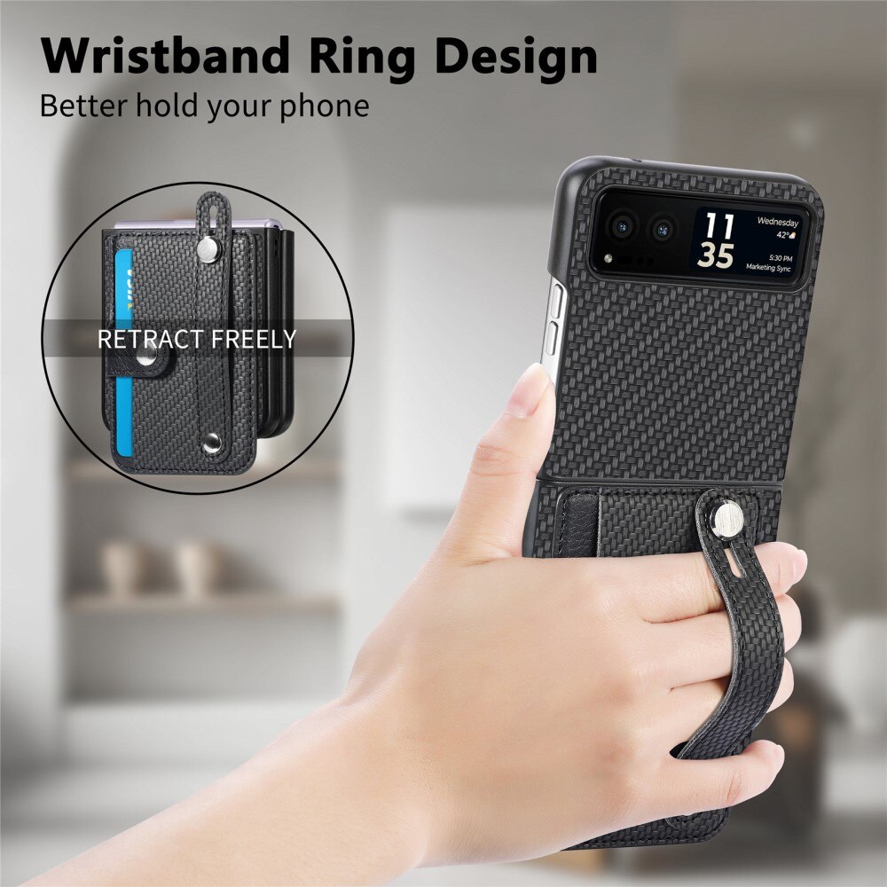 Funda de cuero con ranuras para tarjetas y Finger Strap Motorola Razr 40 negro