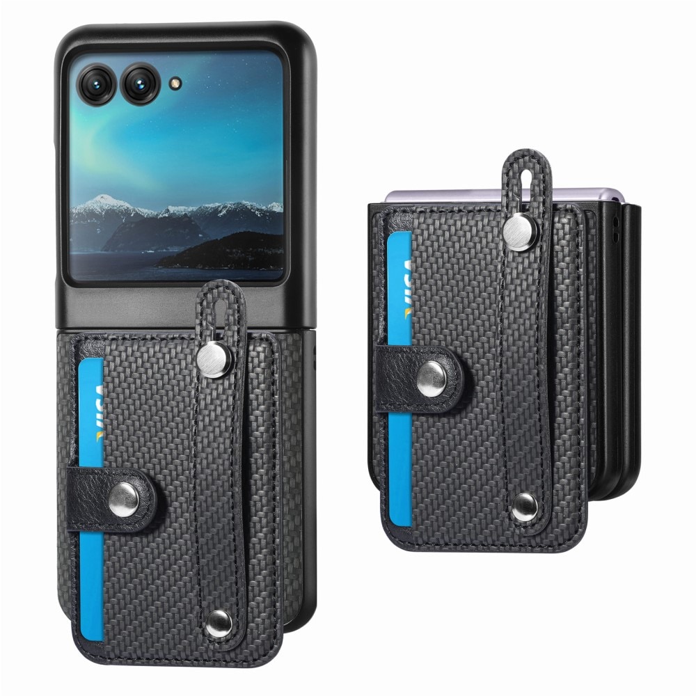 Funda de cuero con ranuras para tarjetas y Finger Strap Motorola Razr 40 Ultra negro