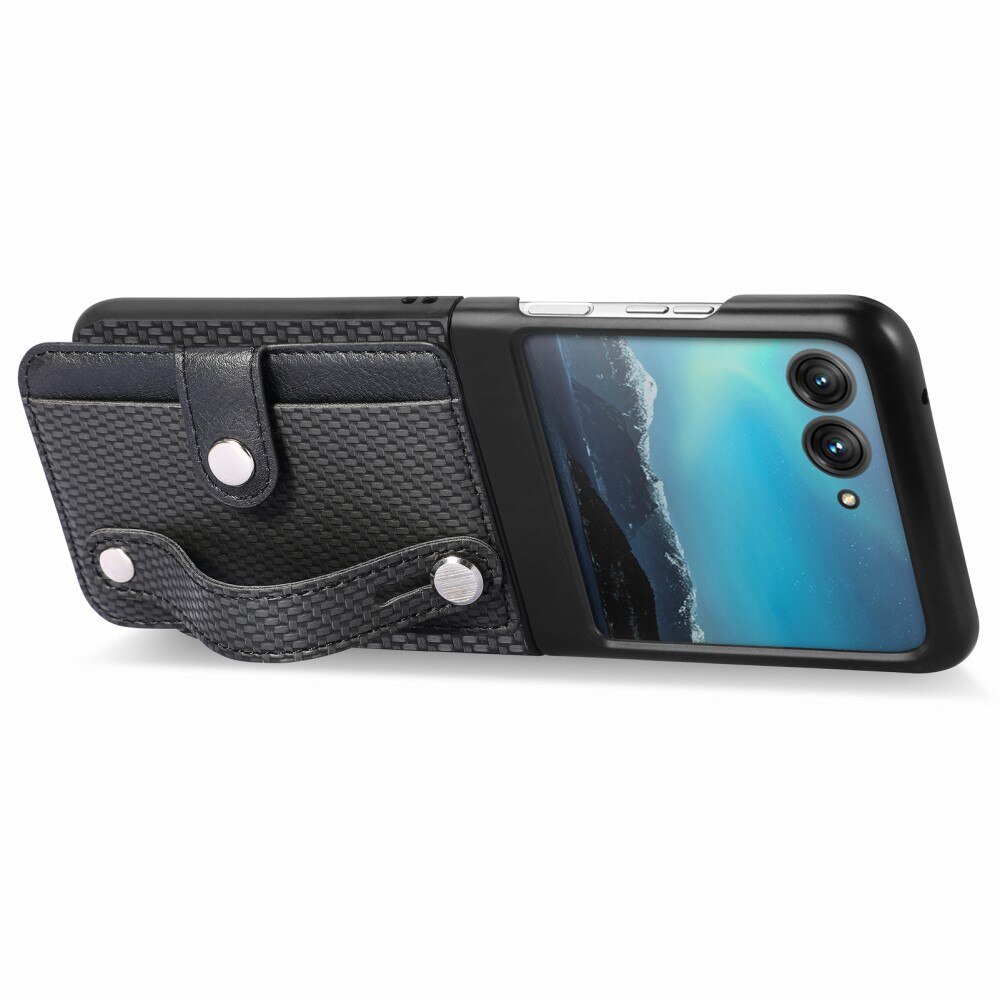 Funda de cuero con ranuras para tarjetas y Finger Strap Motorola Razr 40 Ultra negro