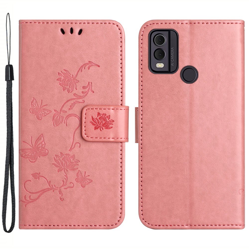 Funda de Cuero con Mariposas  Nokia C32, Rosa