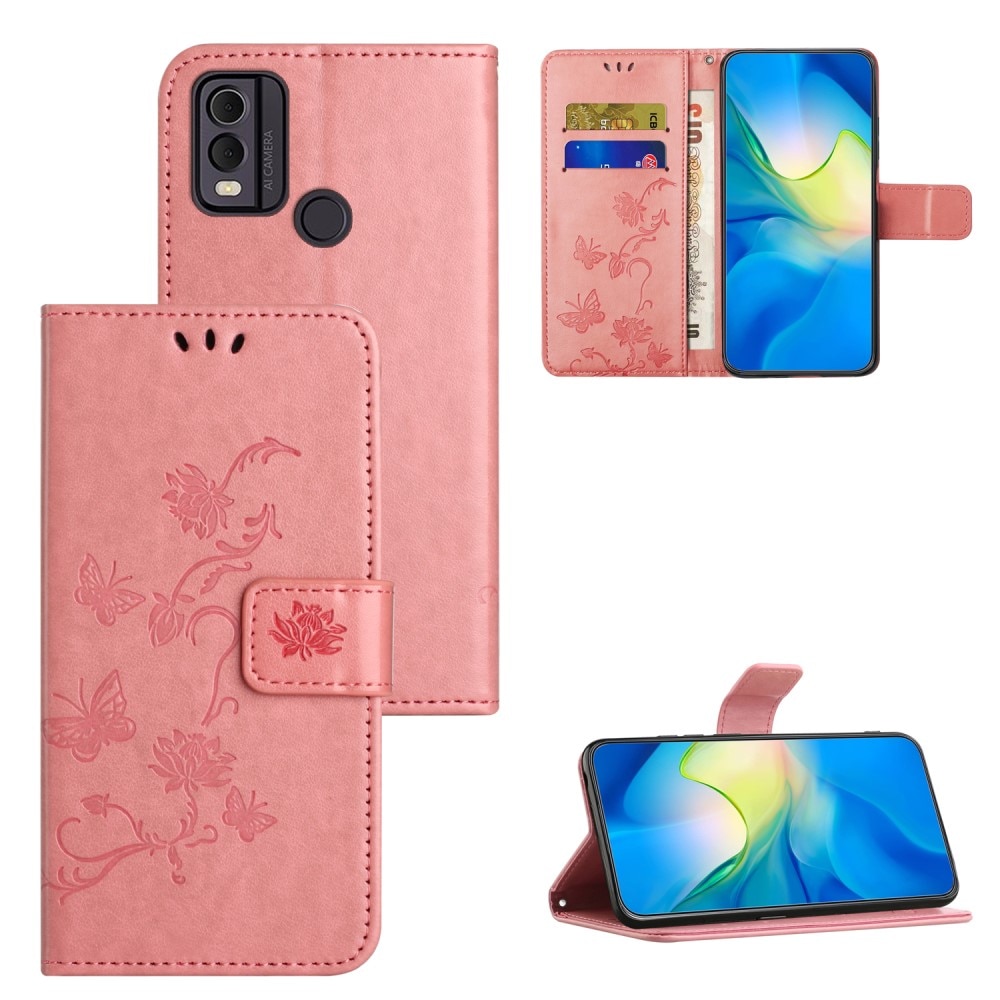 Funda de Cuero con Mariposas Nokia C22, rosado