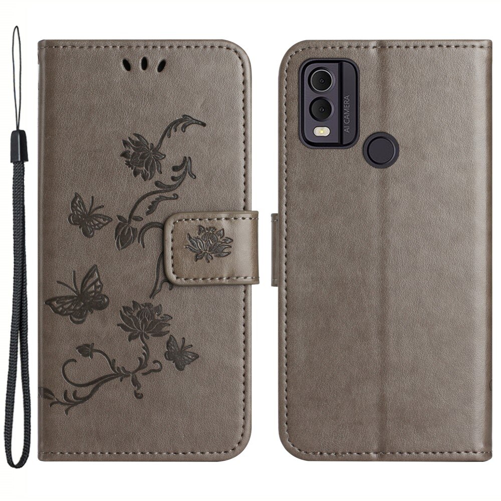 Funda de Cuero con Mariposas  Nokia C22, Gris