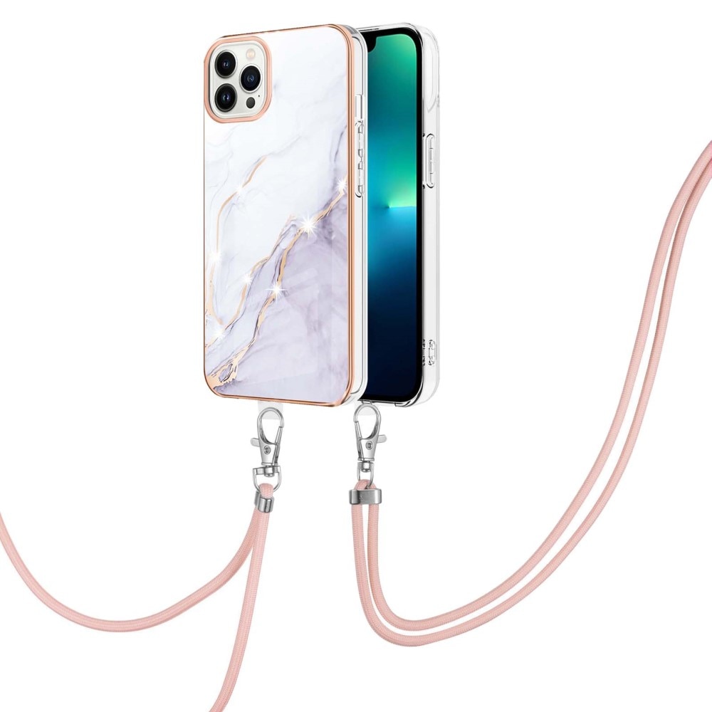 Funda con correa colgante iPhone 15 Pro Max Mármol blanco