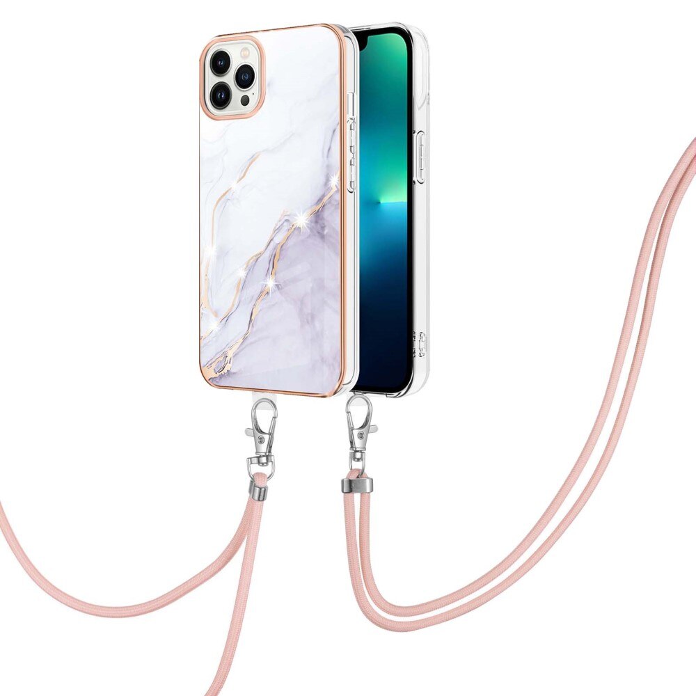 Funda con correa colgante iPhone 15 Pro Mármol blanco