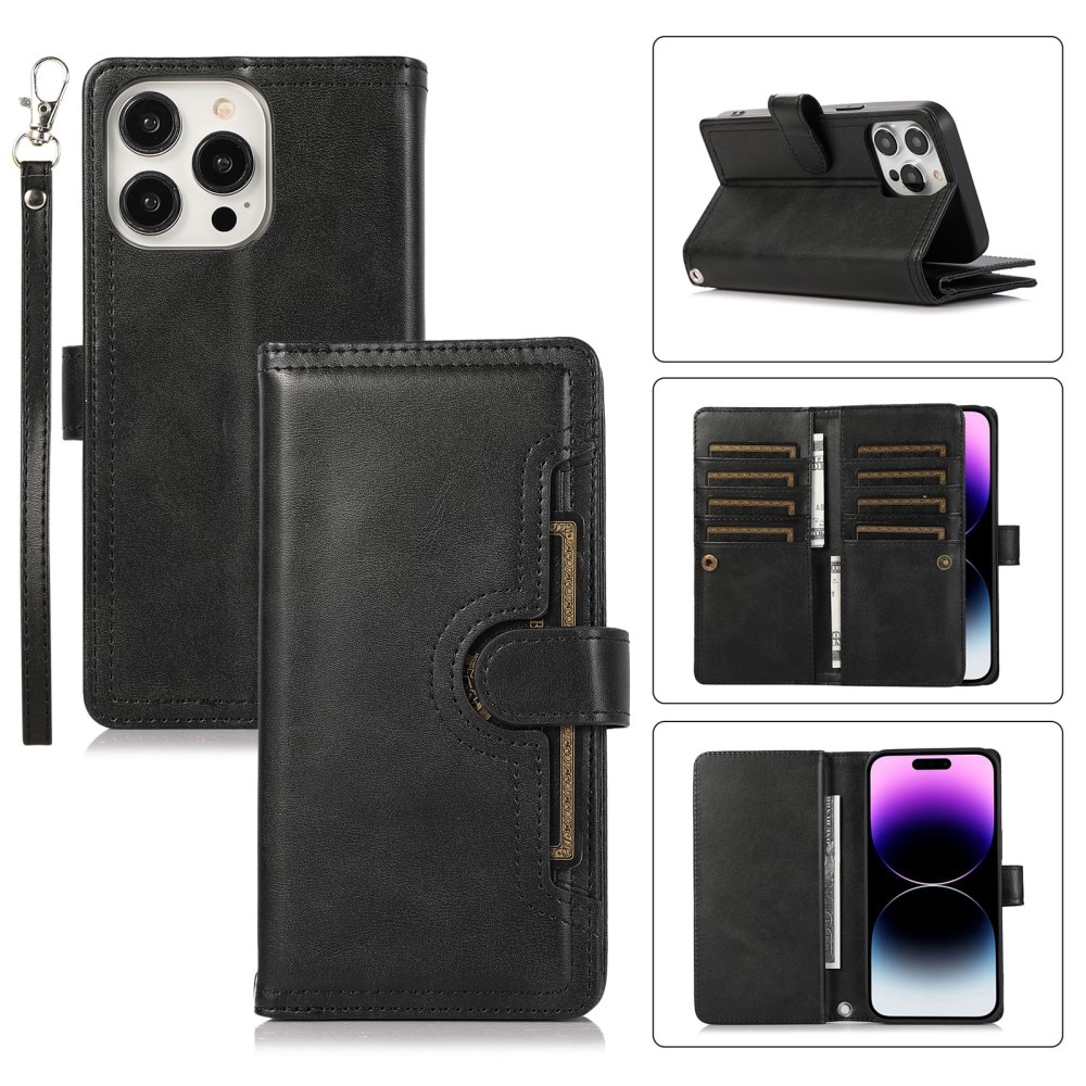 Zipper Multi-Slot tipo cartera de cuero iPhone 15 negro