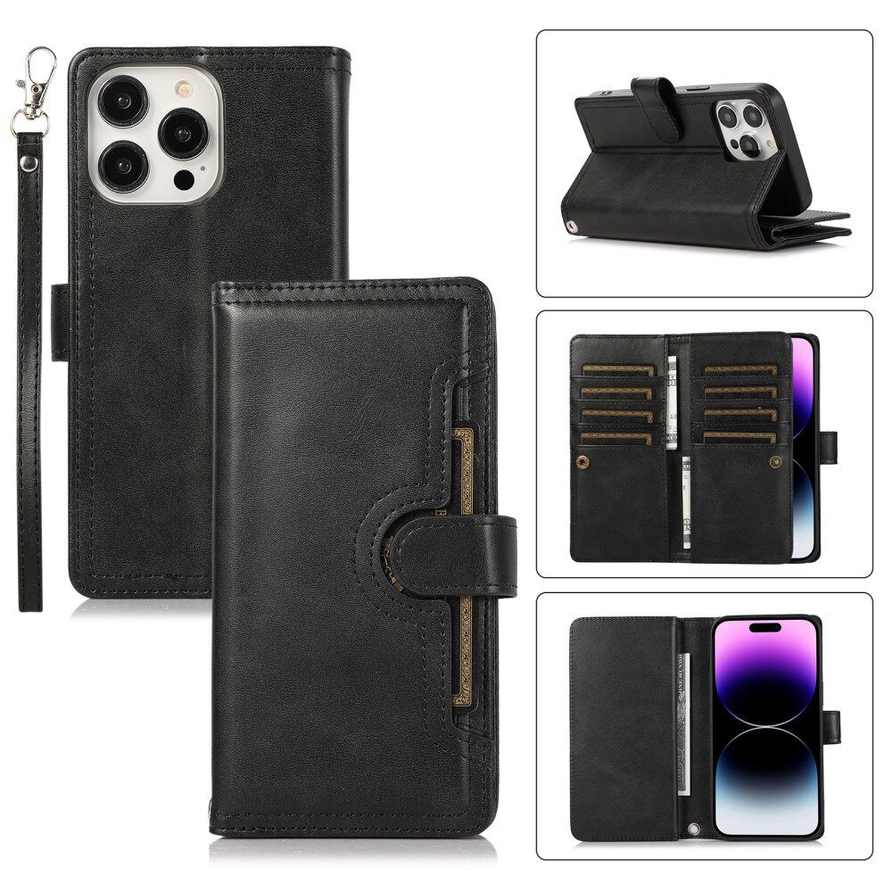 Zipper Multi-Slot tipo cartera de cuero iPhone 15 Pro negro