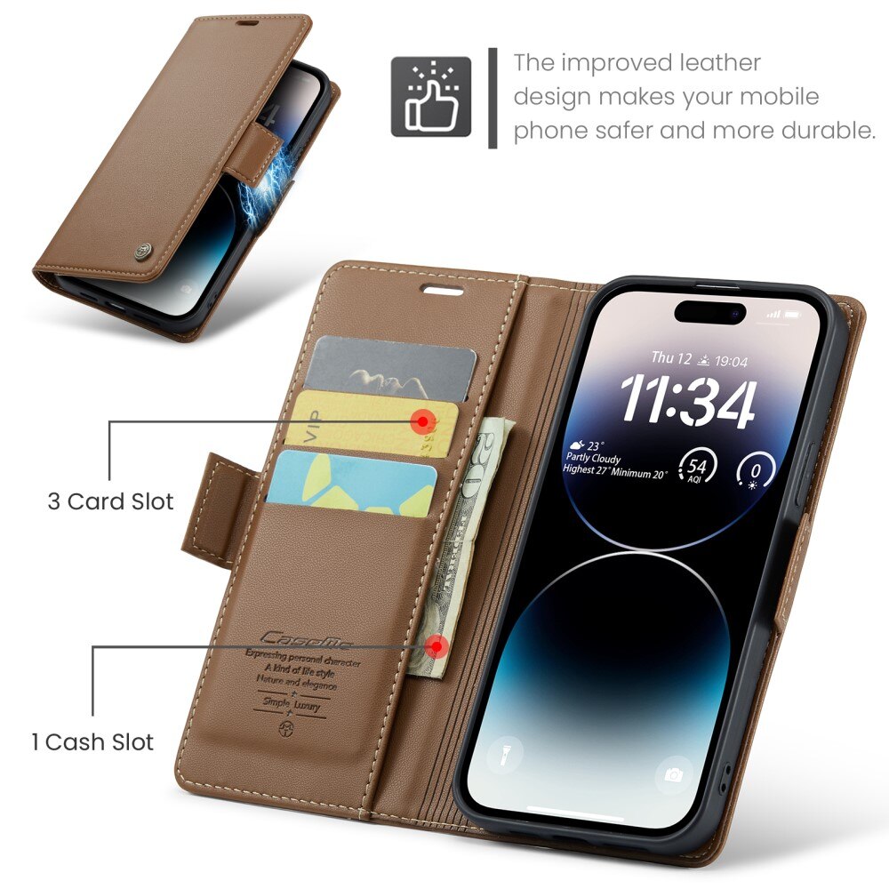 Funda delgada con solapa anti-RFID iPhone 15 Pro Marrón