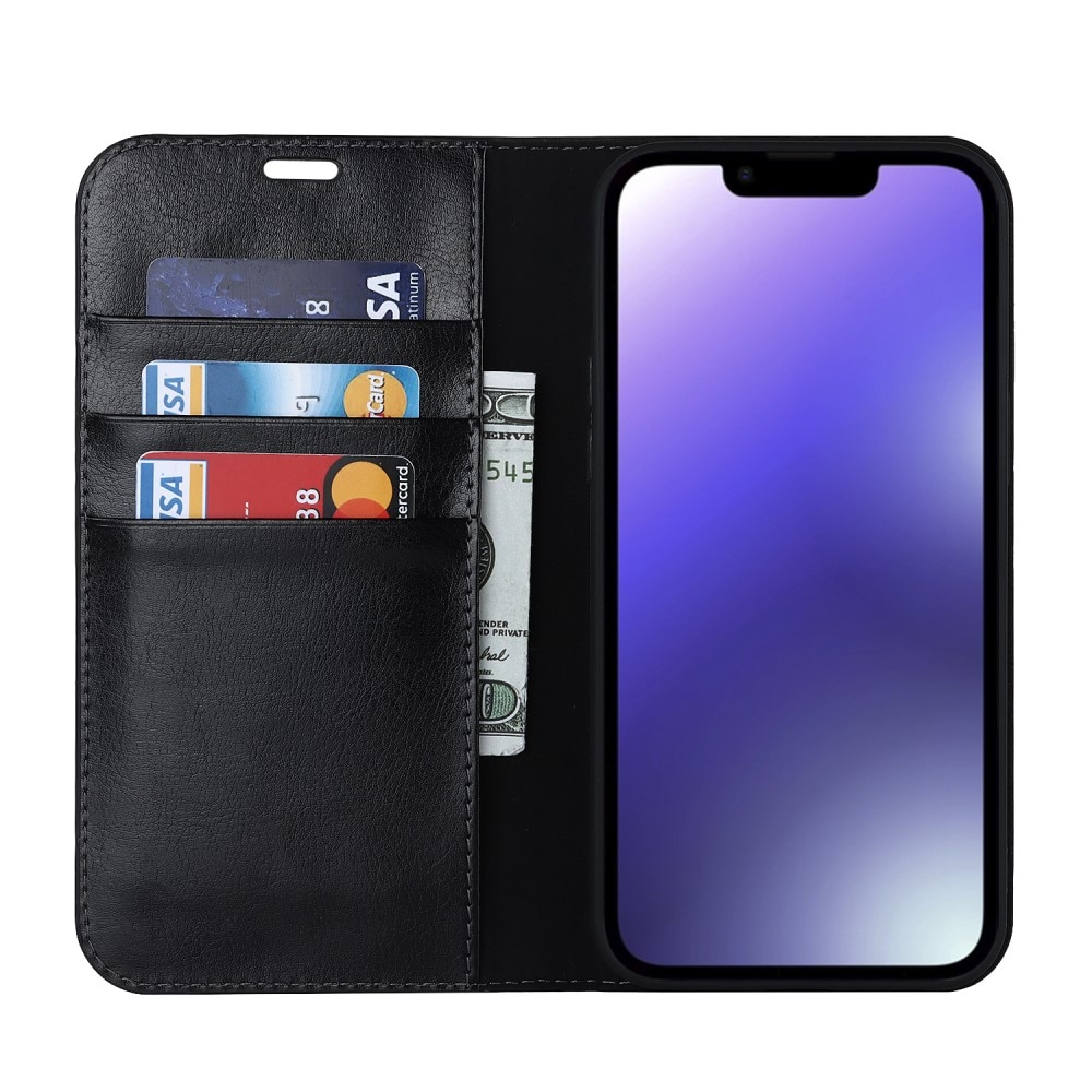 Funda cartera de cuero genuino iPhone 15 Plus Negro