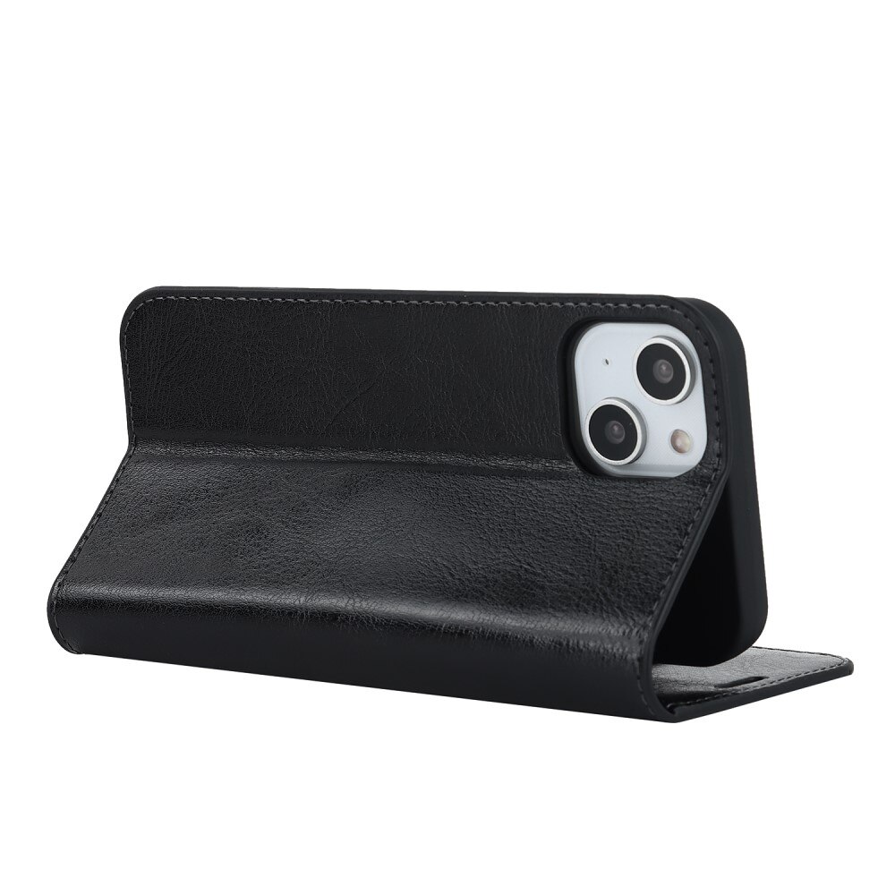 Funda cartera de cuero genuino iPhone 15 Plus Negro