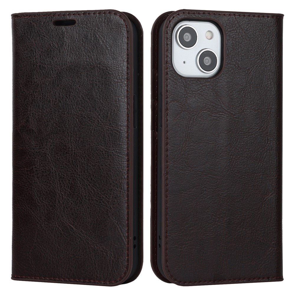 Funda cartera de cuero genuino iPhone 15 Plus marrón oscuro