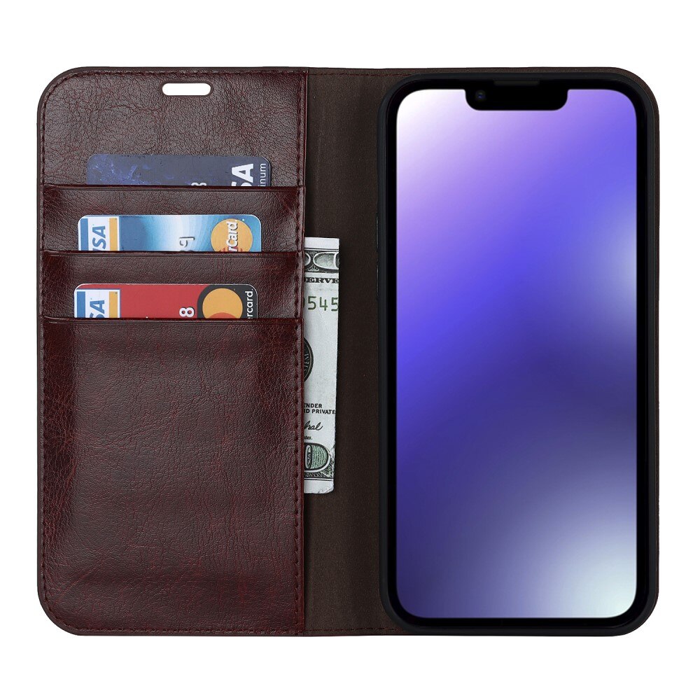 Funda cartera de cuero genuino iPhone 15 Plus marrón oscuro