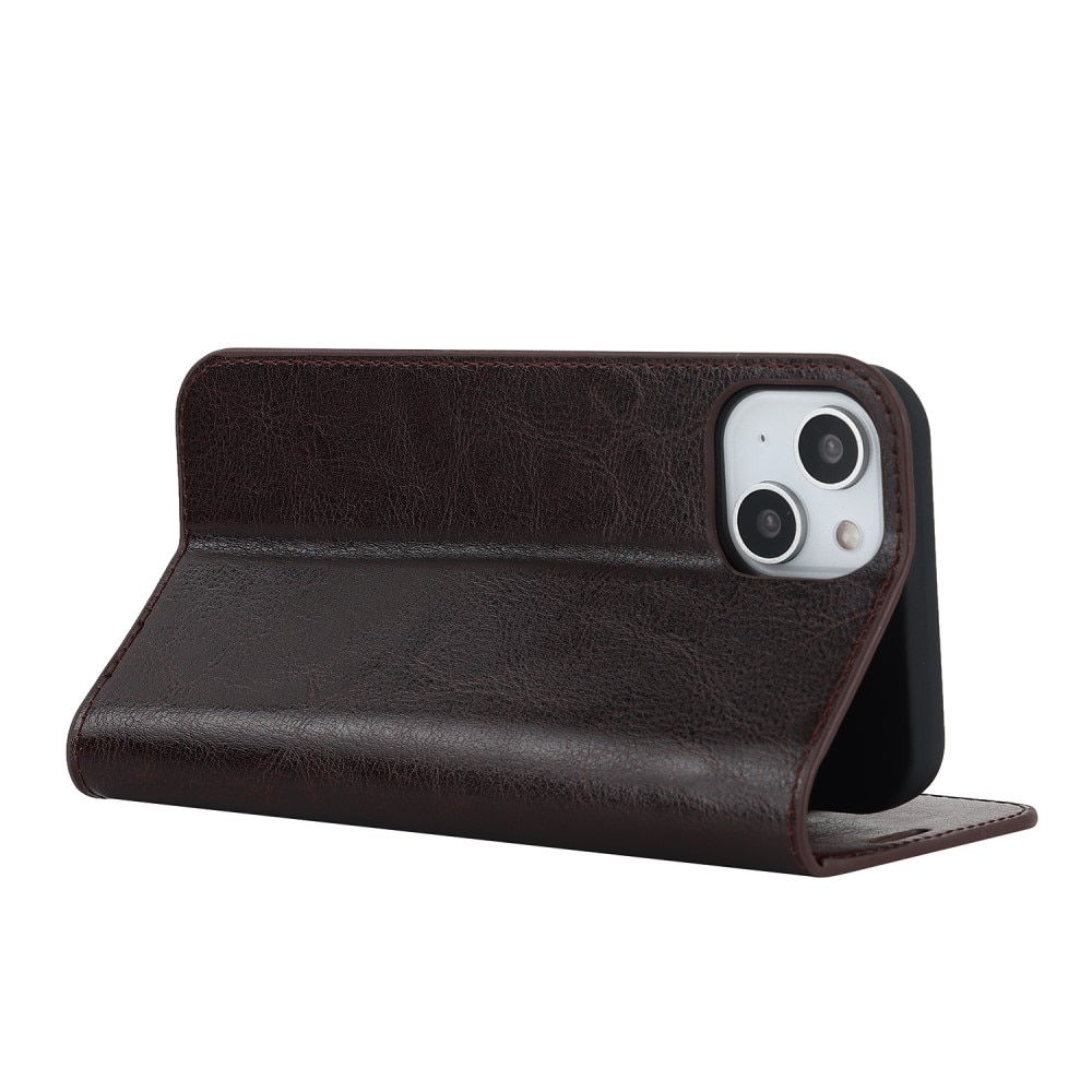 Funda cartera de cuero genuino iPhone 15 Plus Marrón oscuro