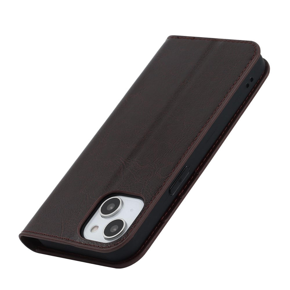 Funda cartera de cuero genuino iPhone 15 Plus marrón oscuro