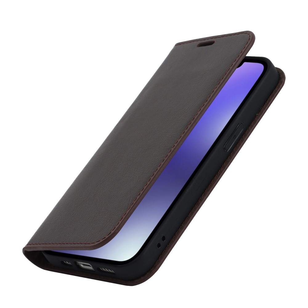 Funda cartera de cuero genuino iPhone 15 Plus marrón oscuro