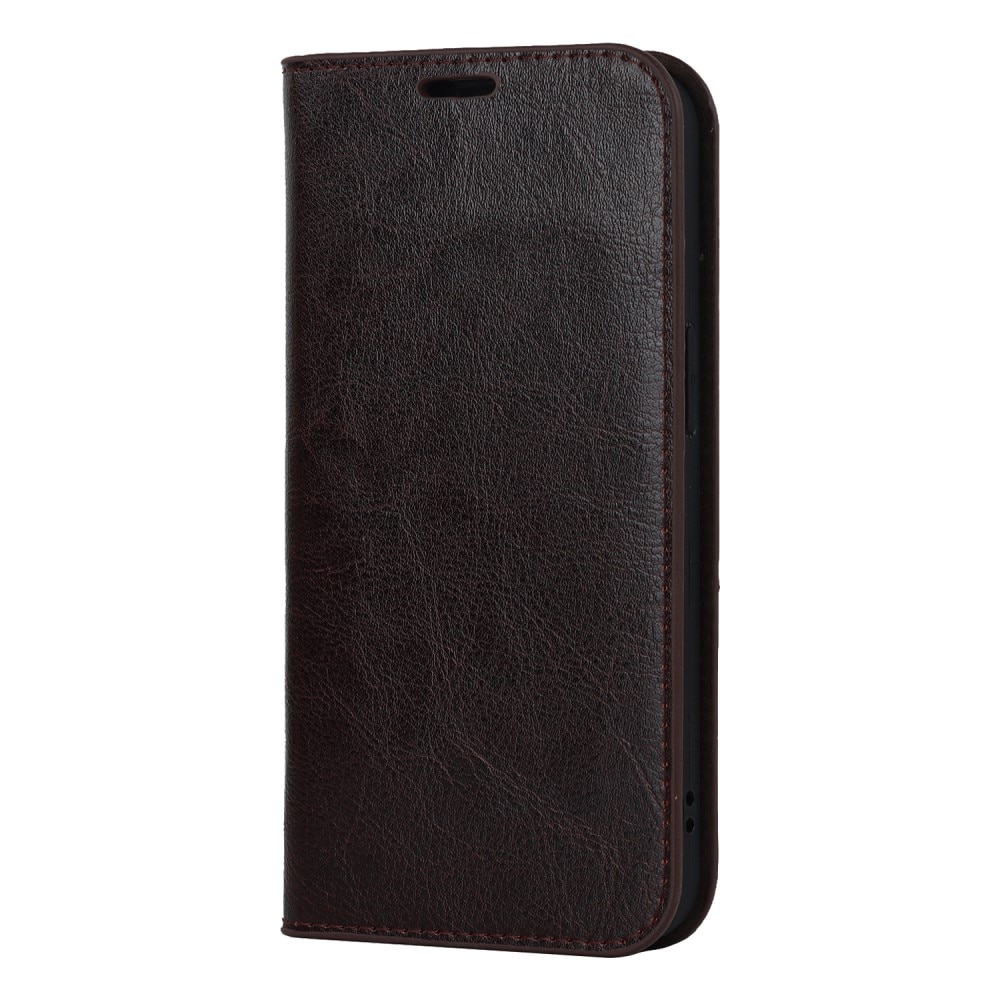 Funda cartera de cuero genuino iPhone 15 Plus marrón oscuro