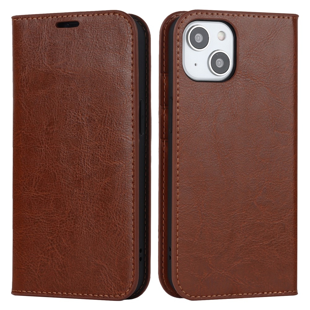 Funda cartera de cuero genuino iPhone 15 Plus Marrón