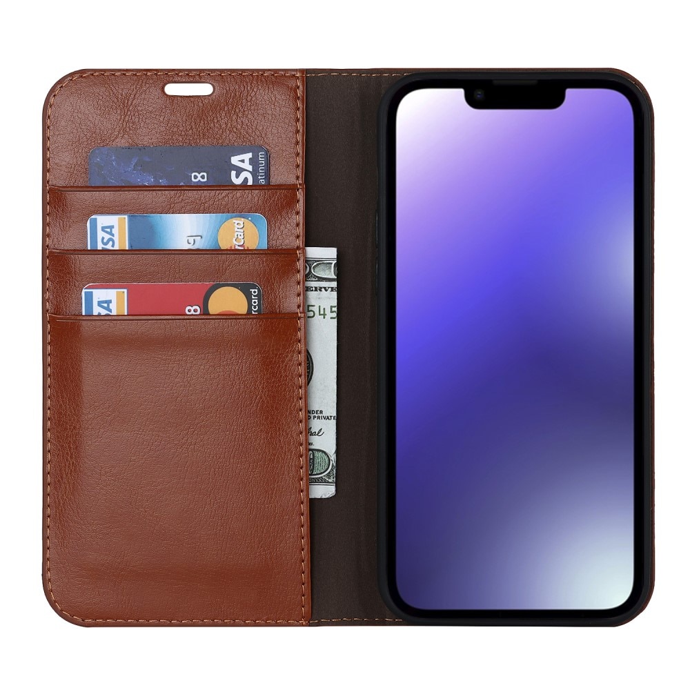 Funda cartera de cuero genuino iPhone 15 Plus marrón