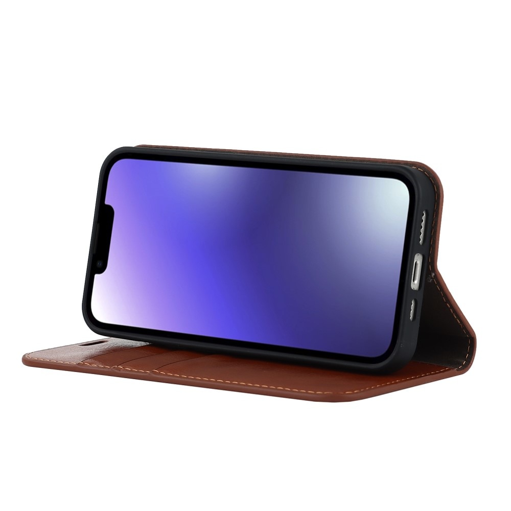 Funda cartera de cuero genuino iPhone 15 Plus Marrón