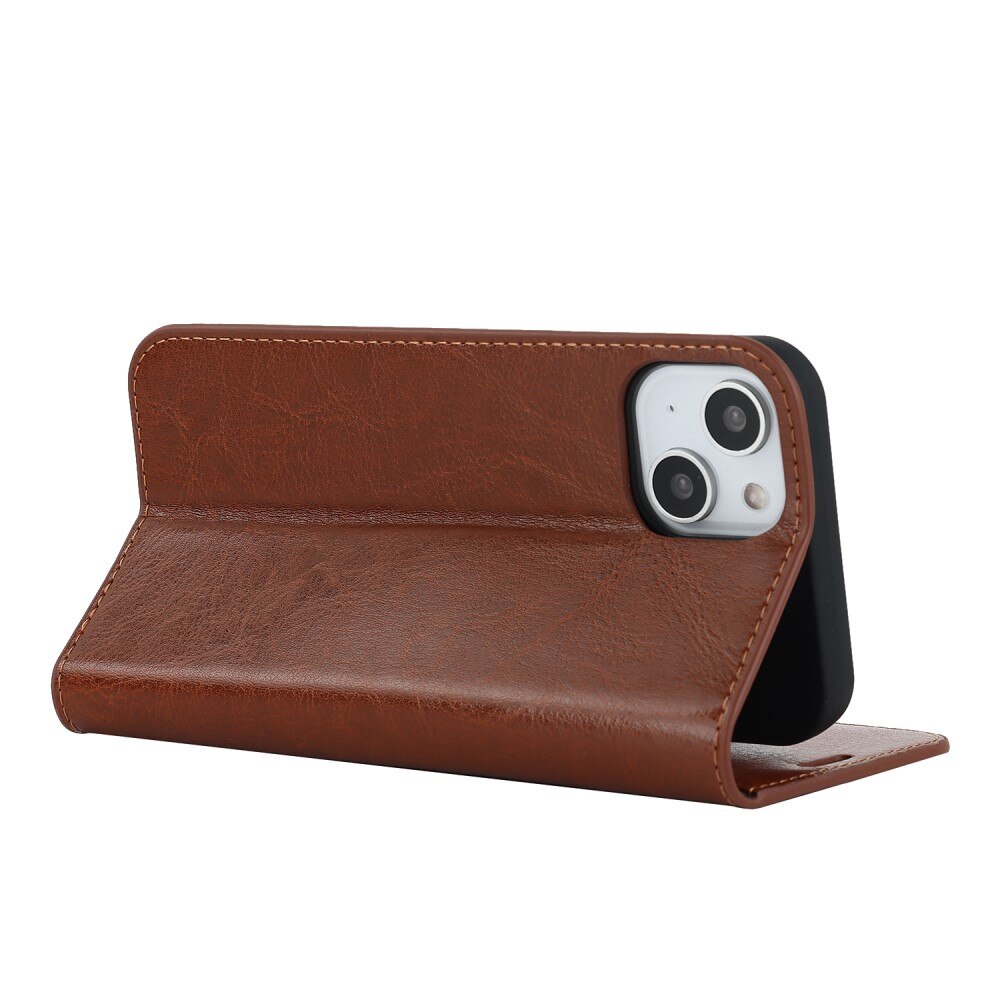 Funda cartera de cuero genuino iPhone 15 Plus marrón