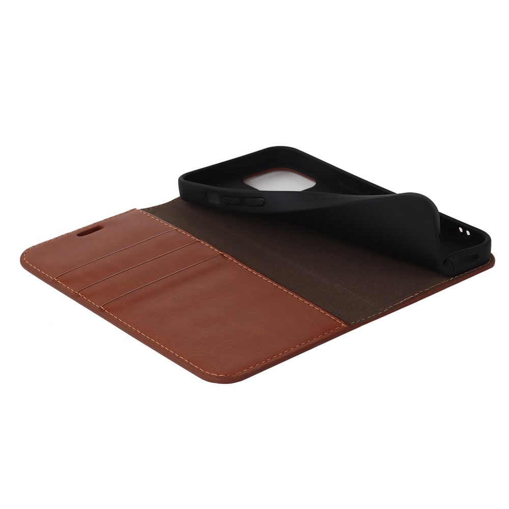 Funda cartera de cuero genuino iPhone 15 Plus marrón