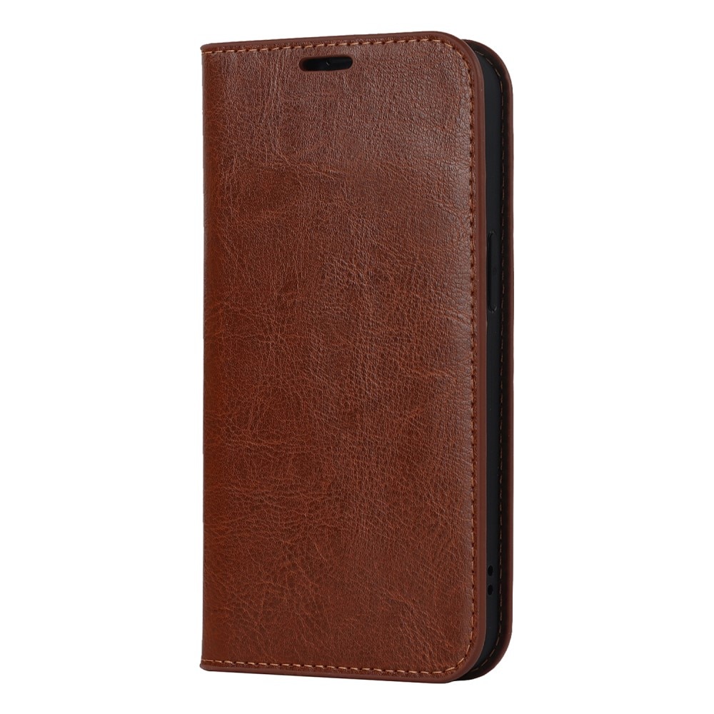 Funda cartera de cuero genuino iPhone 15 Plus marrón