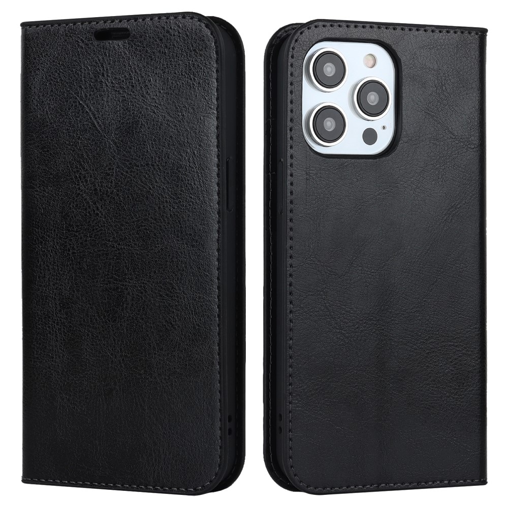 Funda cartera de cuero genuino iPhone 15 Pro negro