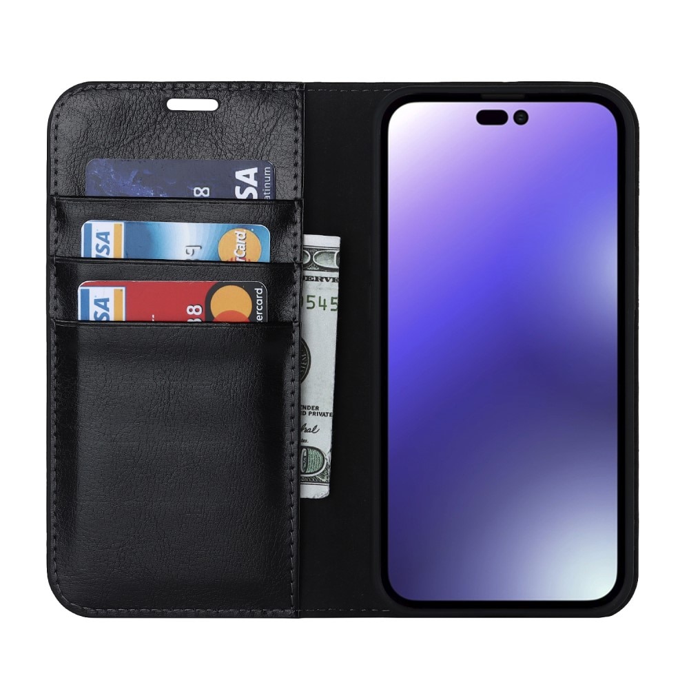 Funda cartera de cuero genuino iPhone 15 Pro Negro