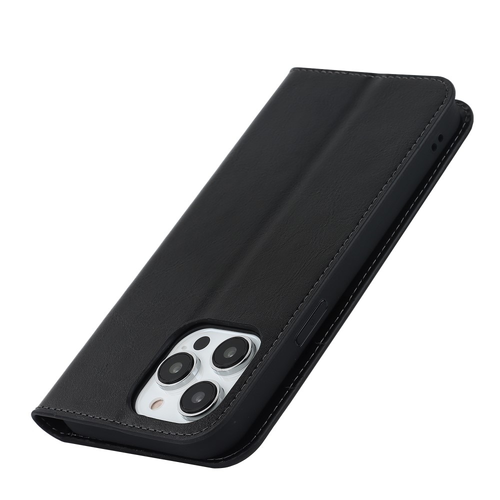 Funda cartera de cuero genuino iPhone 15 Pro Negro
