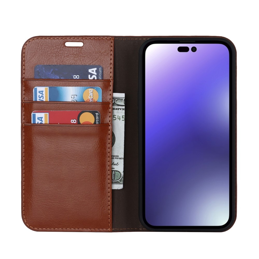 Funda cartera de cuero genuino iPhone 15 Pro Marrón