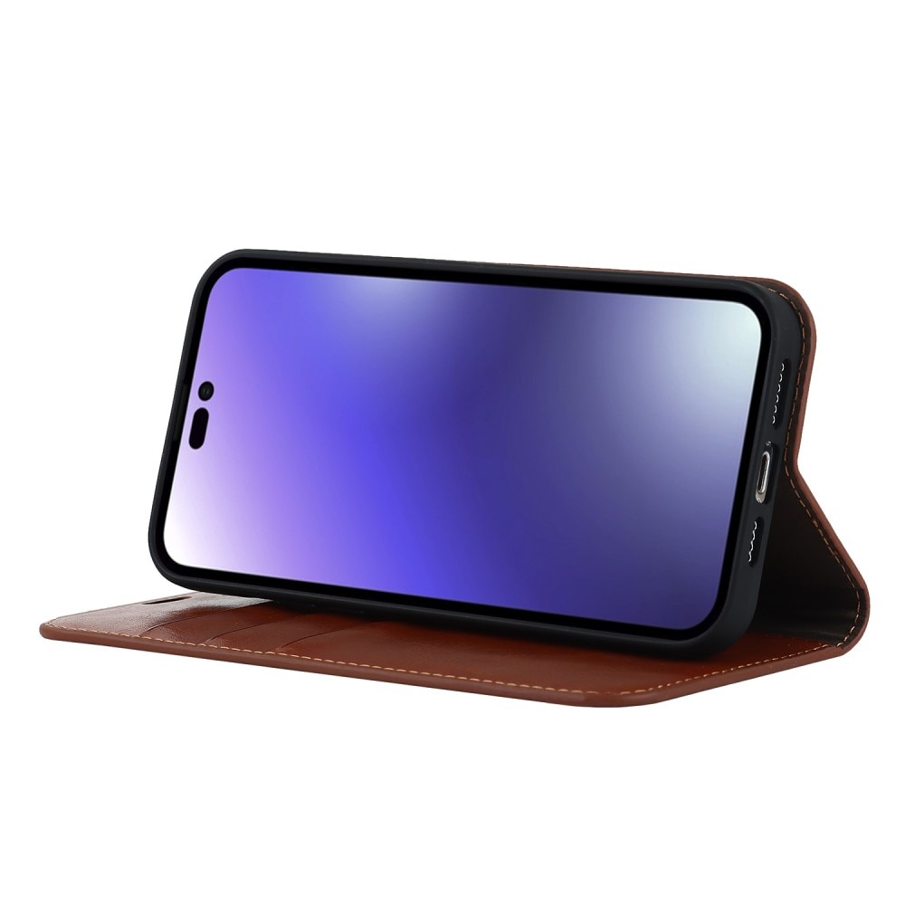 Funda cartera de cuero genuino iPhone 15 Pro Marrón