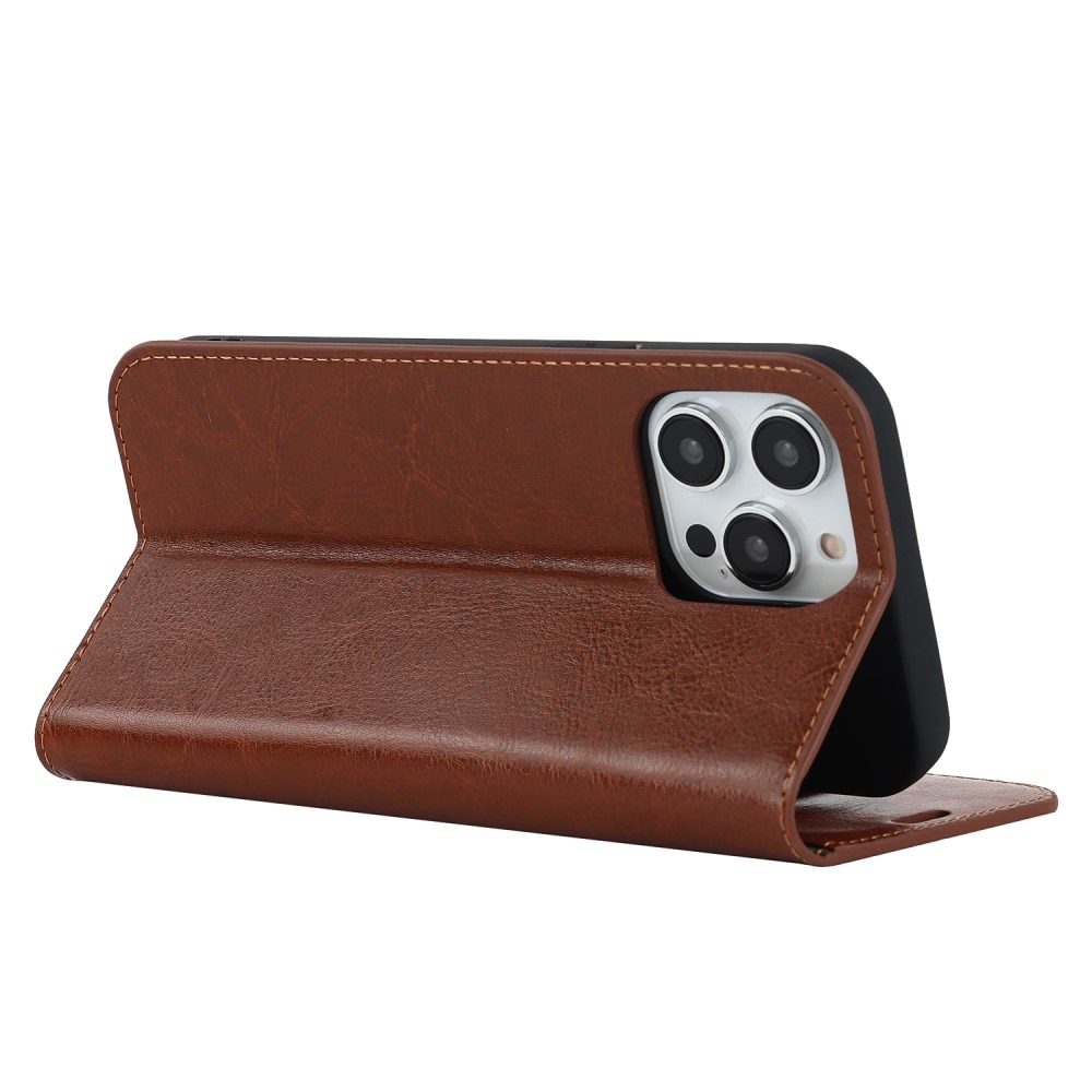 Funda cartera de cuero genuino iPhone 15 Pro marrón