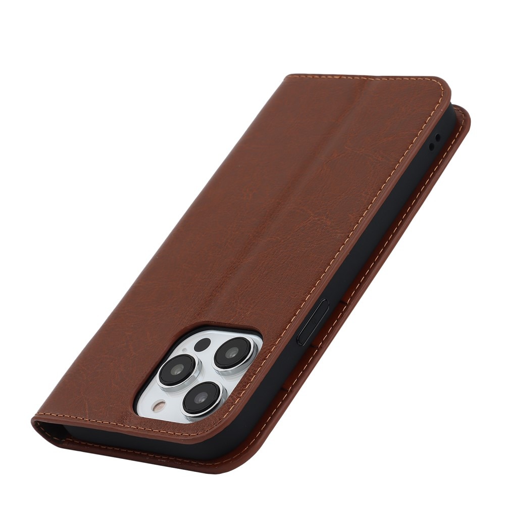 Funda cartera de cuero genuino iPhone 15 Pro marrón