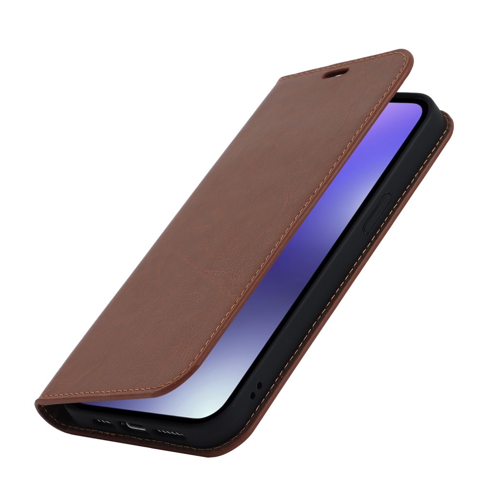 Funda cartera de cuero genuino iPhone 15 Pro Marrón