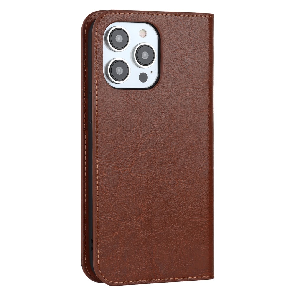 Funda cartera de cuero genuino iPhone 15 Pro Marrón