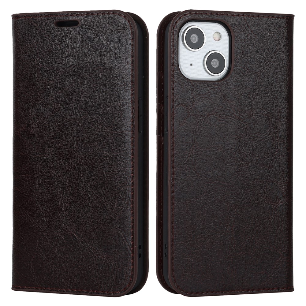Funda cartera de cuero genuino iPhone 15 Marrón oscuro