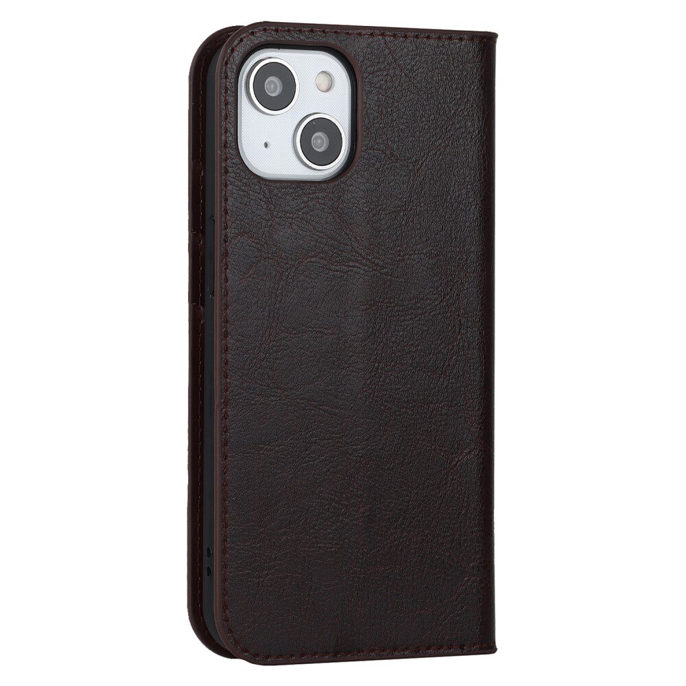 Funda cartera de cuero genuino iPhone 15 Marrón oscuro