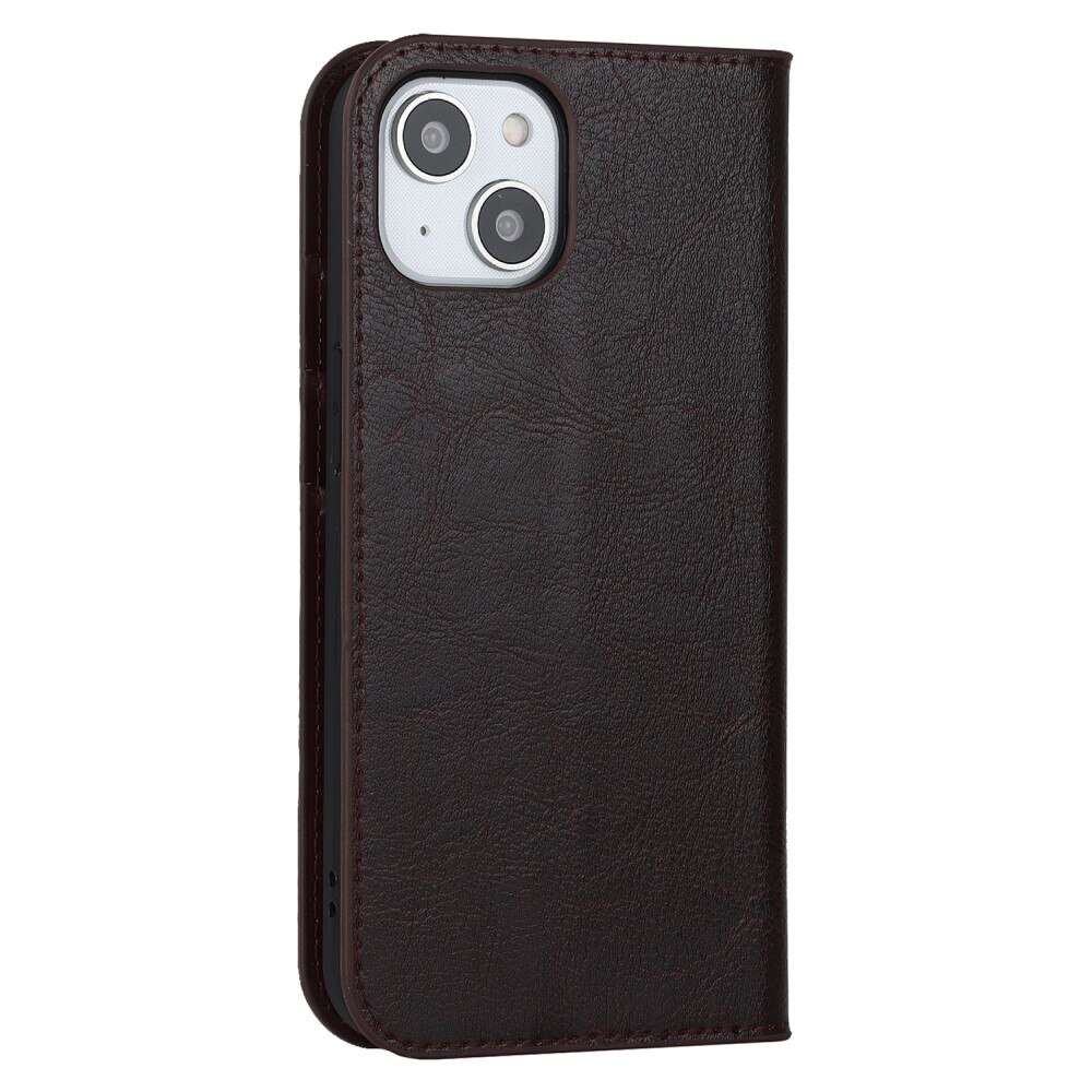 Funda cartera de cuero genuino iPhone 15 marrón oscuro