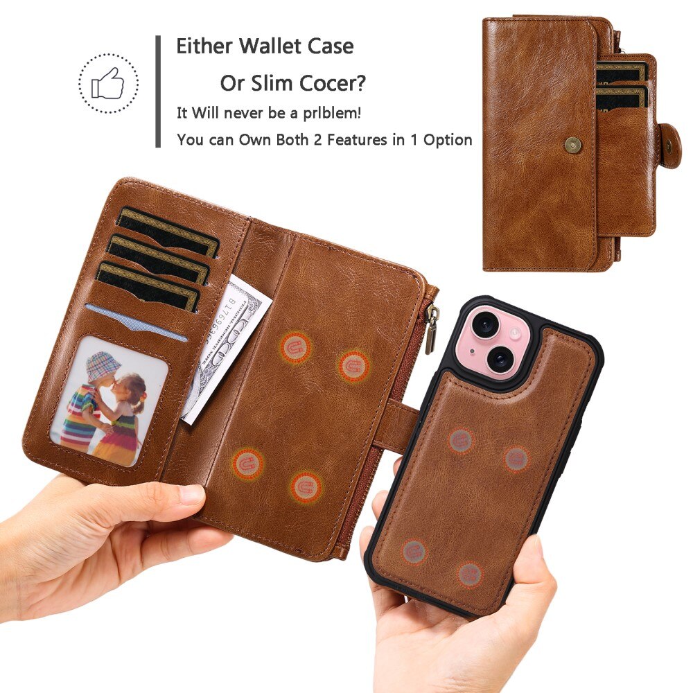 Magnet Leather Multi Wallet iPhone 15 marrón