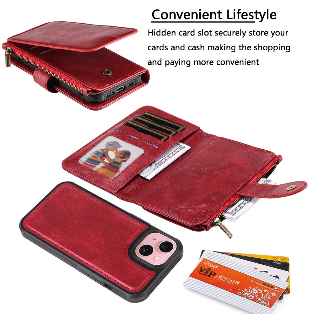 Magnet Leather Multi Wallet iPhone 15 rojo