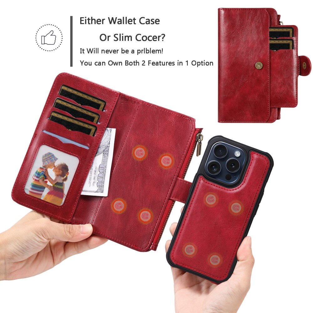 Magnet Leather Multi Wallet iPhone 15 Pro rojo