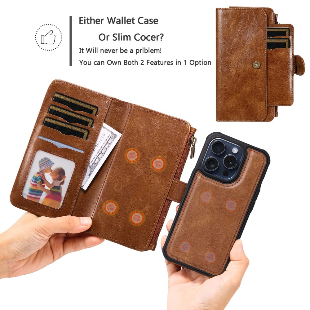 Magnet Leather Multi Wallet iPhone 15 Pro marrón