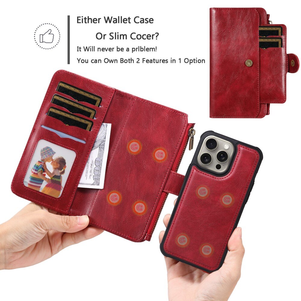 Magnet Leather Multi Wallet iPhone 15 Pro Max rojo