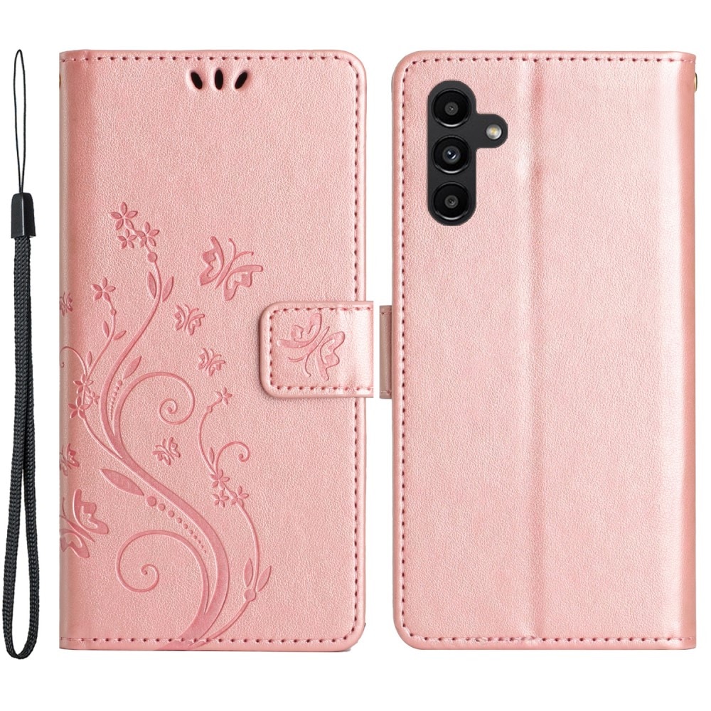 Funda de Cuero con Mariposas Samsung Galaxy A15, oro rosado