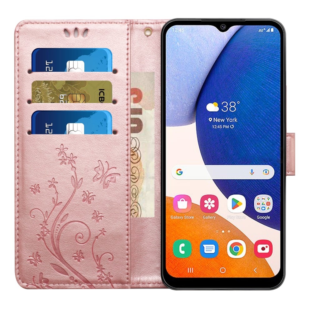 Funda de Cuero con Mariposas Samsung Galaxy A15, oro rosado