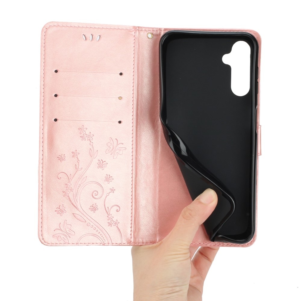 Funda de Cuero con Mariposas Samsung Galaxy A15, oro rosado