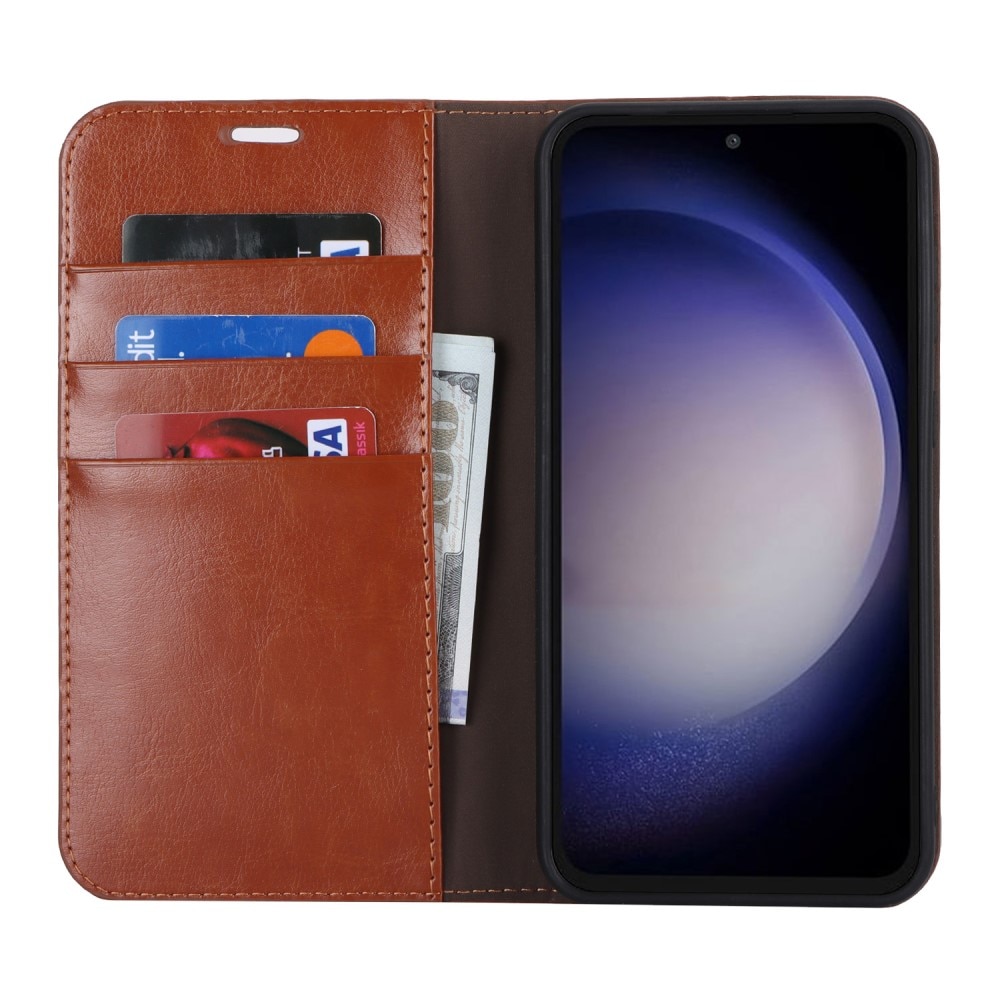 Funda cartera de cuero genuino Samsung Galaxy S23 FE Marrón