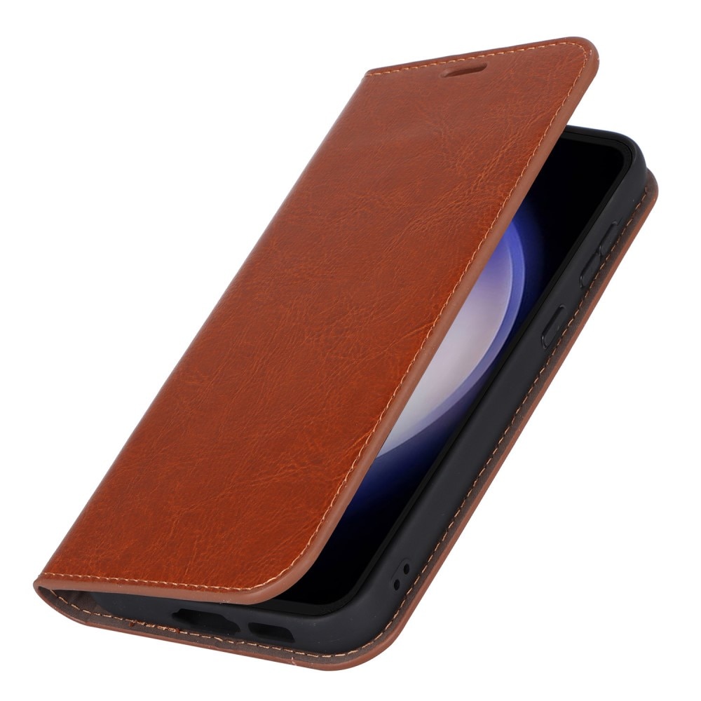 Funda cartera de cuero genuino Samsung Galaxy S23 FE Marrón