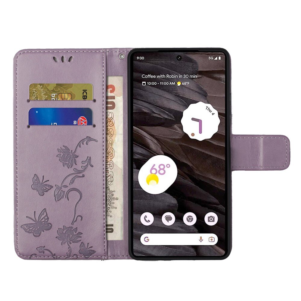Funda de Cuero con Mariposas Google Pixel 8a, Púrpura