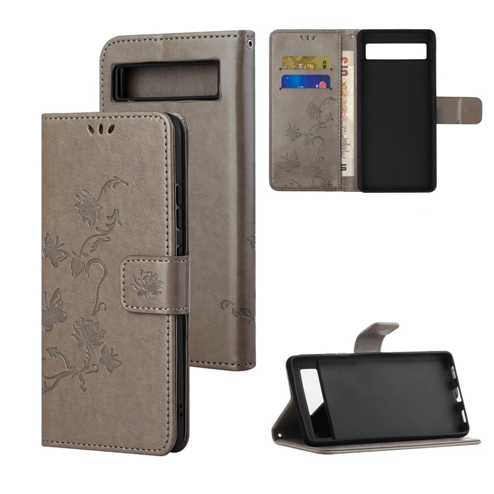 Funda de Cuero con Mariposas Google Pixel 8a, Gris